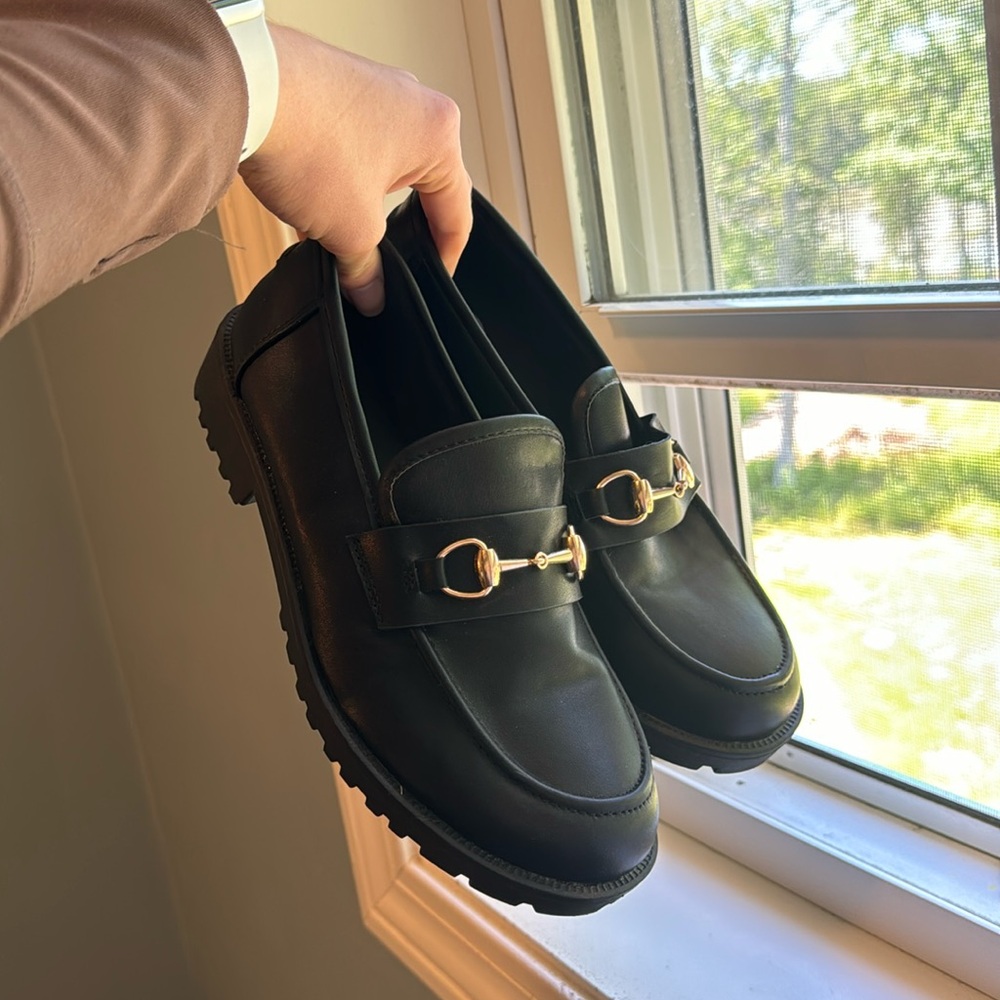 Sincerly Jules Black Leather Loafers with Gold Bit
